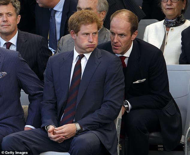 Harry with Edward Lane Fox, a former captain in the Household Cavalry who is among those who have stepped away from Harry’s charity, Invictus, this year