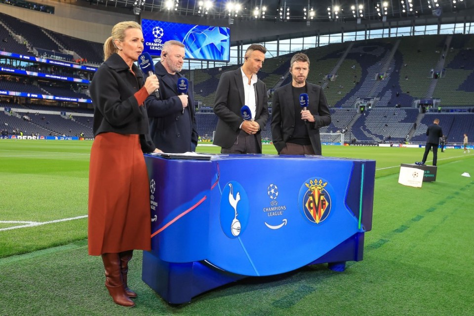 Editorial use only Mandatory Credit: Photo by Chris Foxwell/ProSports/Shutterstock (15489200d) Amazon Prime Hostess Gabby Logan talks to Wayne Rooney, Dimitar Berbatov & Michael Carrick ahead of the Champions League match between Tottenham Hotspur and Villareal CF at Tottenham Hotspur Stadium, London Tottenham Hotspur v Villareal CF, Champions League - 16 Sep 2025