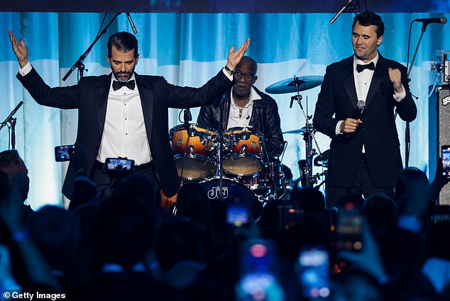 Donald Trump Jr. speaks alongside Charlie Kirk, co-founded of Turning Point USA, during the Turning Point USA Inaugural-Eve Ball at the Salamander Hotel on January 19, 2025 in Washington