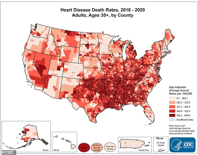 Southern states are more at risk of high death rates from heart disease, the latest data from the CDC shows