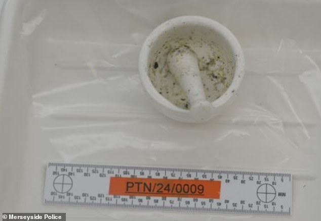 A pestle and mortar still bore the marks of his deadly mission