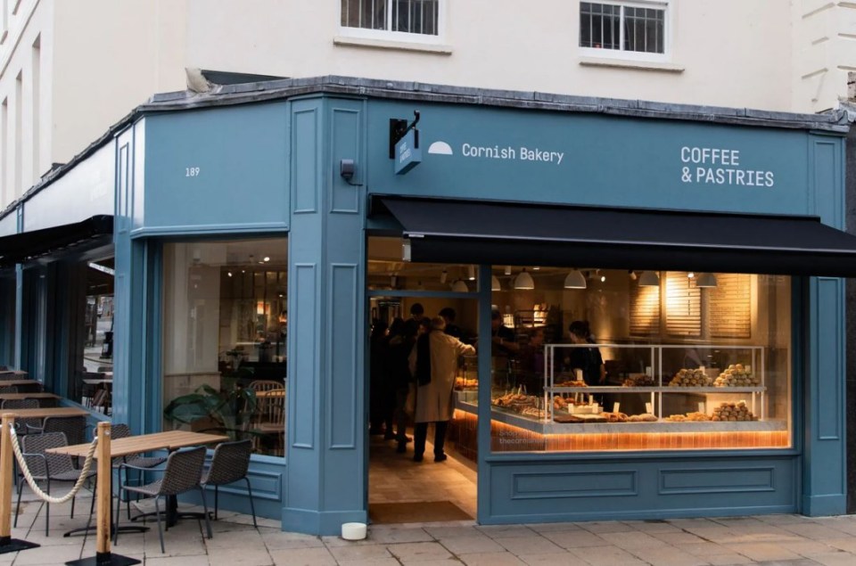 Cornish Bakery storefront with coffee and pastries.