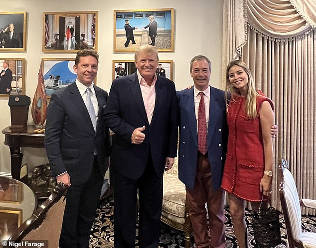 (L-R) Nick Candy, Donald Trump, Nigel Farage and Holly Valance at Mar-a-Lago in April 2022