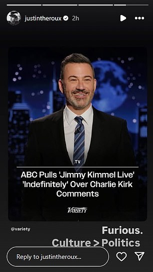 Justin Theroux wrote on his Instagram stories, 'Furious. Culture > Politics'