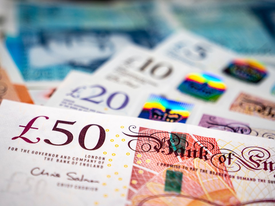 Close-up of British banknotes, including a £50 note.