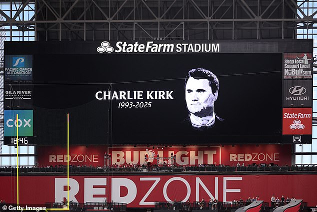A tribute to Charlie Kirk prior to a game between the Carolina Panthers and the Arizona Cardinals at State Farm Stadium on September 14