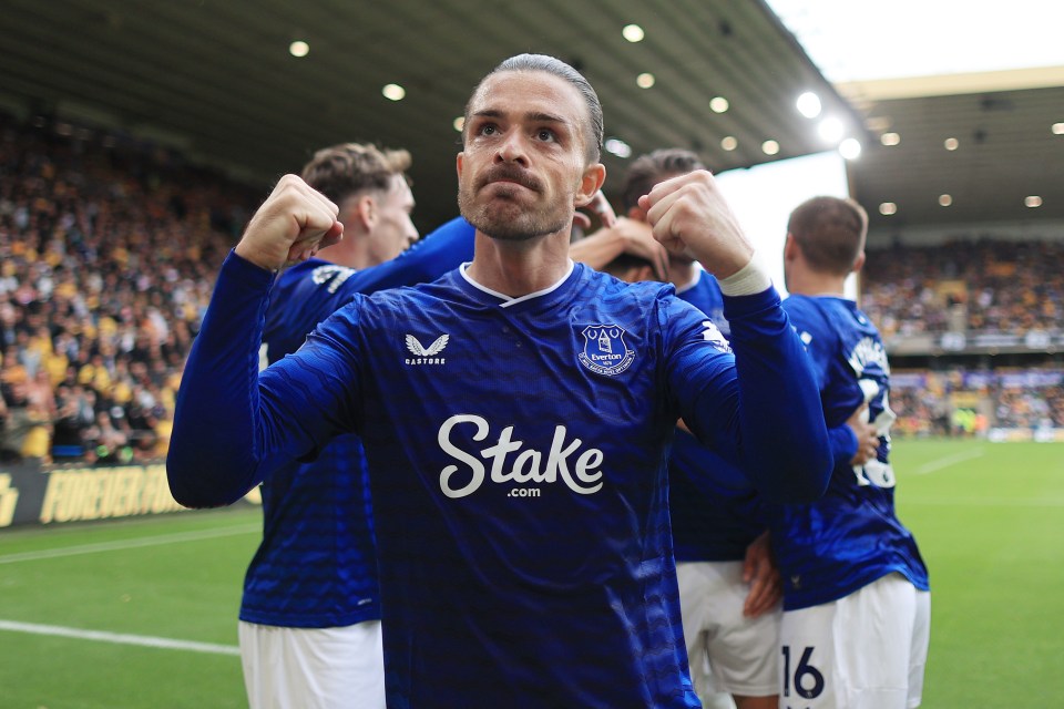 Jack Grealish of Everton celebrates a goal.