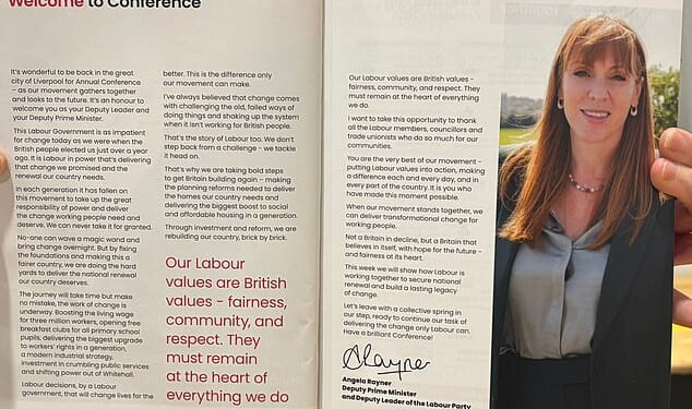 Labour's official conference guide features a beaming Angela Rayner urging party members to have a 'brilliant' time in Liverpool... despite her having quit weeks ago