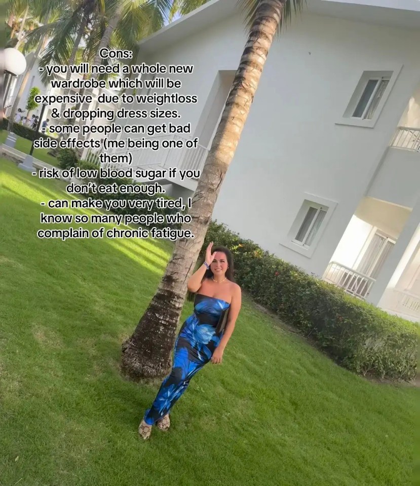 A woman in a blue and black strapless jumpsuit leans against a palm tree with text overlay describing the cons of weight loss.