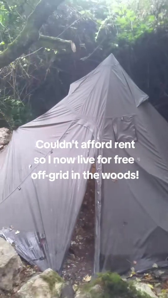 Tent in the woods; couldn't afford rent.