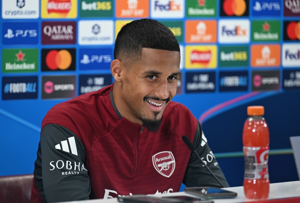 William Saliba of Arsenal smiling during an Arsenal Press Conference.
