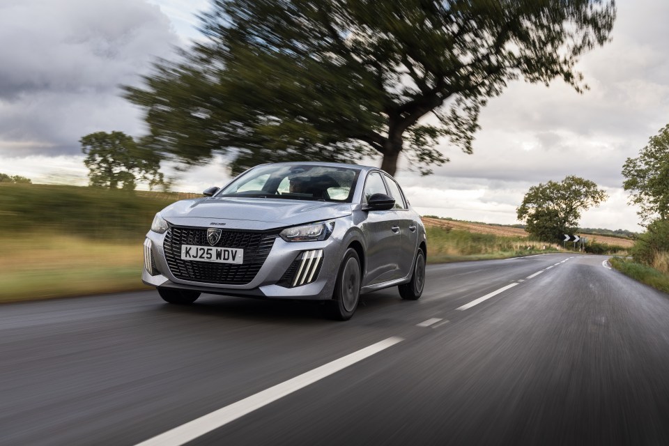 Silver Peugeot 208 driving on a rural road with blurred background indicating motion.