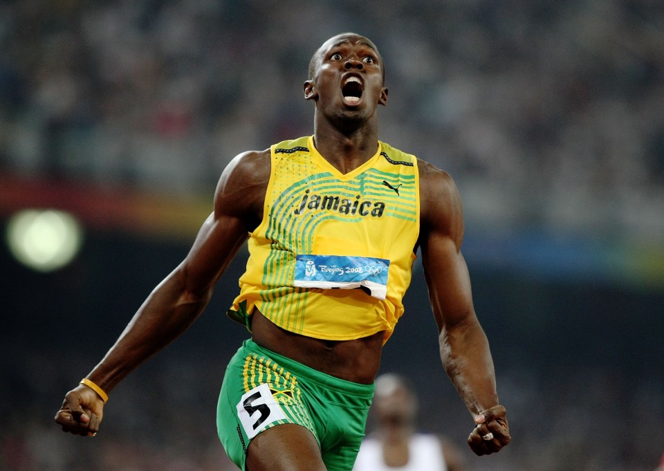 Usain Bolt of Jamaica celebrating a world record win at the 2008 Olympics.