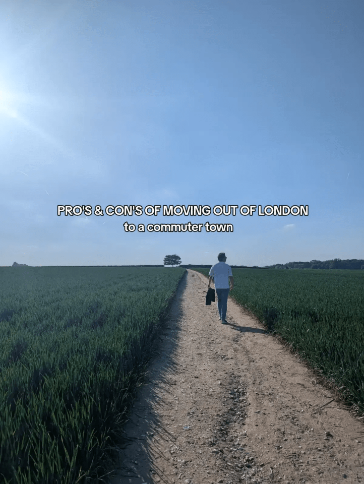 A person walks away on a dirt path through a field with text that reads "PRO'S & CON'S OF MOVING OUT OF LONDON to a commuter town."