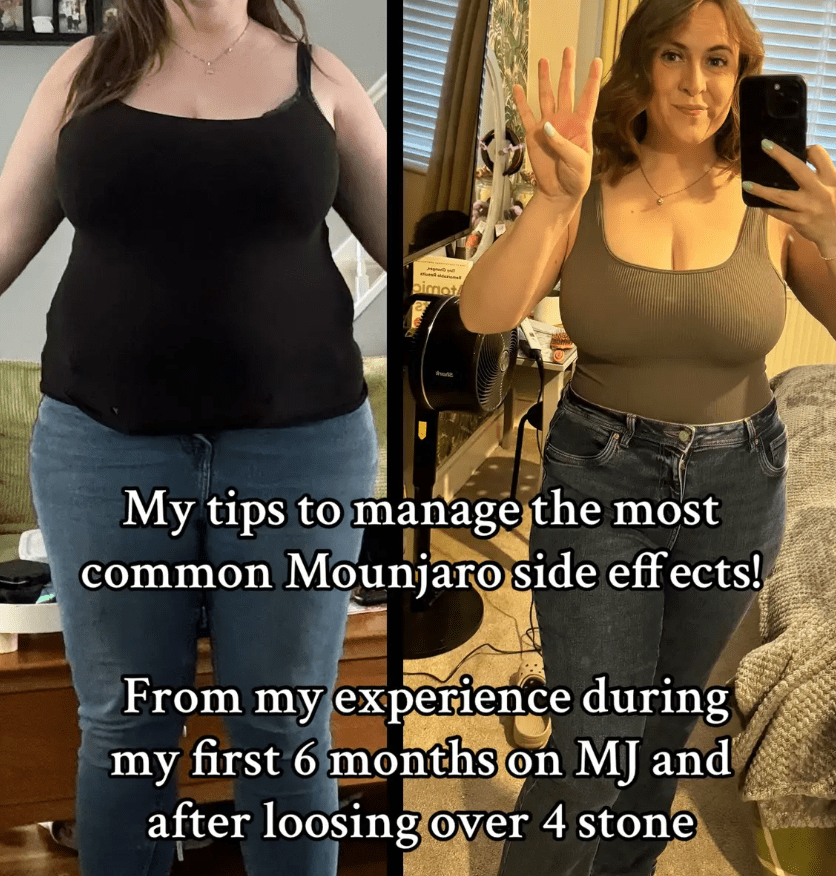 Before and after photos showing a woman's weight loss after six months of using Mounjaro.