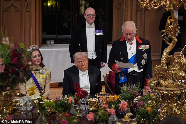King Charles III joked how he was almost a royal 'obsessed' President Richard Nixon tried to arrange a wedding between him and his daughter in Wednesday's banquet speech (pictured)