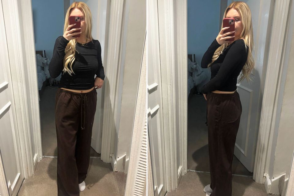 An image collage containing 2 images, Image 1 shows Person wearing brown pants and a black shirt, Image 2 shows Person wearing brown trousers, taking a mirror selfie