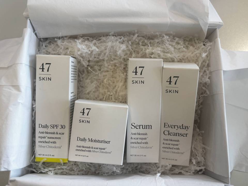 47 Skin skincare set in a box.  Includes Daily SPF 30, Daily Moisturizer, Serum, and Everyday Cleanser.