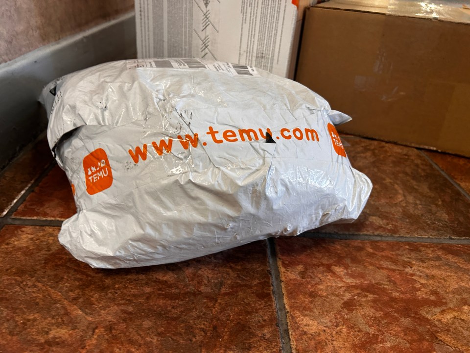 Temu package on apartment lobby floor.