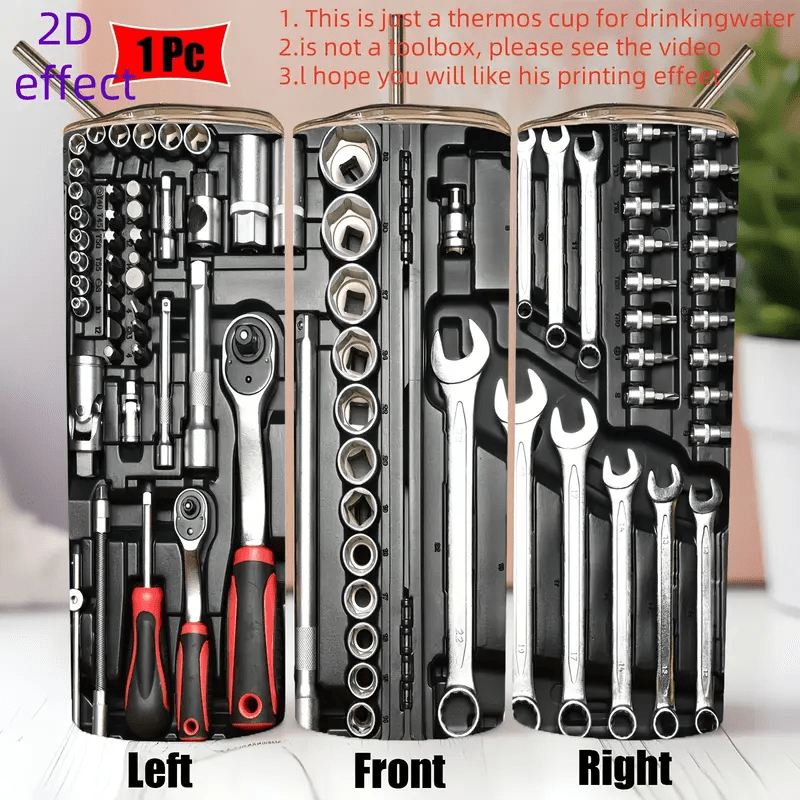 Illustration of a 20-ounce stainless steel tumbler with a toolbox design.