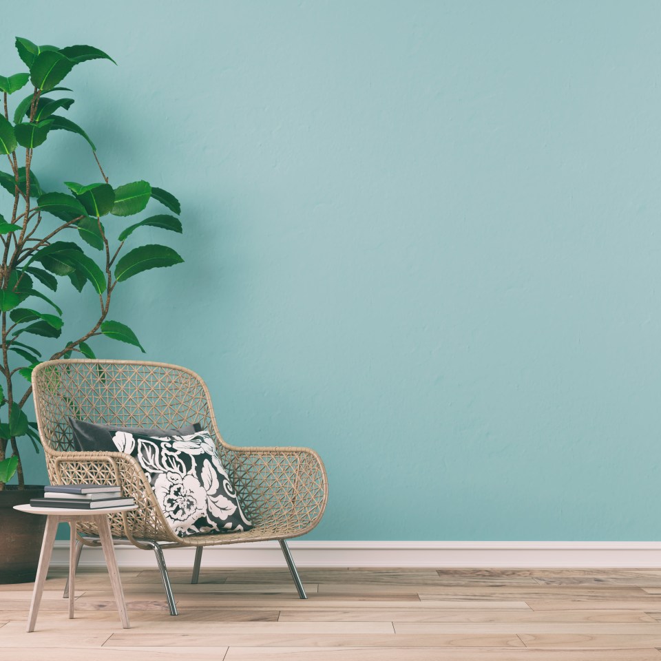 Illustration of a retro living room with a wicker chair and a plant.