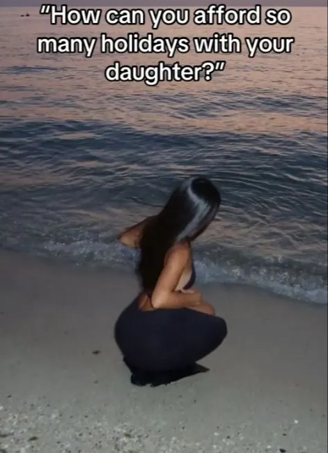 Woman on beach at sunset with text overlay asking how she can afford so many holidays with her daughter.
