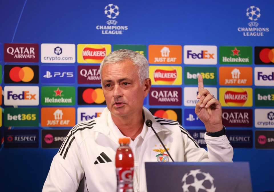 Benfica manager Jose Mourinho speaking at a press conference.