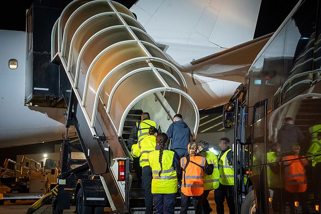 Illegal immigrants pictured being escorted on to a deportation flight earlier this year