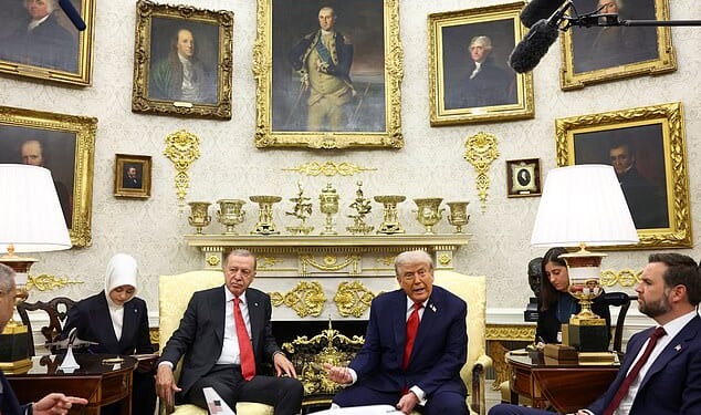 Bling-tastic doesn’t begin to describe Trump’s vision for America’s most famous home. The 47th President, in the Oval Office on Thursday, with President Erdogan of Turkey (centre) and Vice-President JD Vance