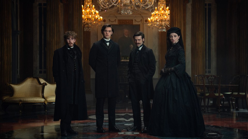 Fionn O'Shea, Louis Partridge, Anthony Boyle, and Emily Fairn in costume for the series House of Guinness.