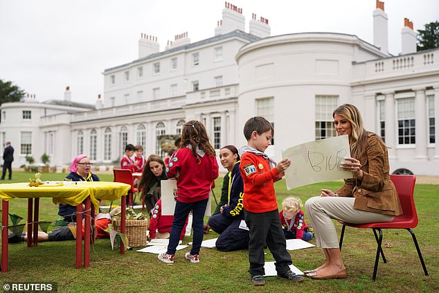 Melania Trump meets a group of young children at Frogmore in Windsor this morning