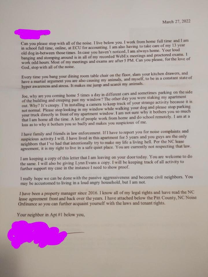 Passive-aggressive letter from a downstairs neighbor complaining about noise and suspicious behavior.