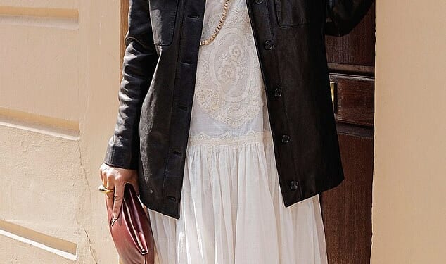 Jacket, vintage. Lace dress, Zimmermann. Sunglasses (below) and bag, Saint Laurent. Shoes, Jil Sander