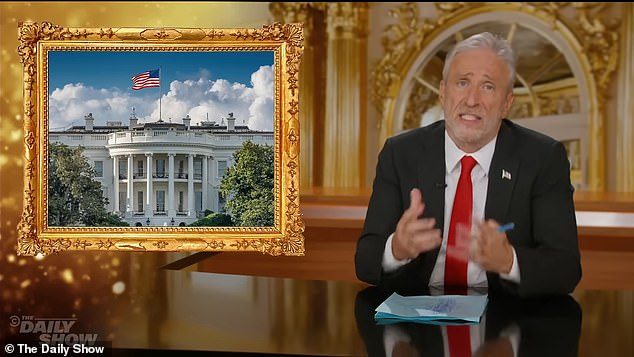 Jon Stewart has followed his late-night colleagues in solidarity with suspended host Jimmy Kimmel with a satirical 'administration compliant' opening monologue