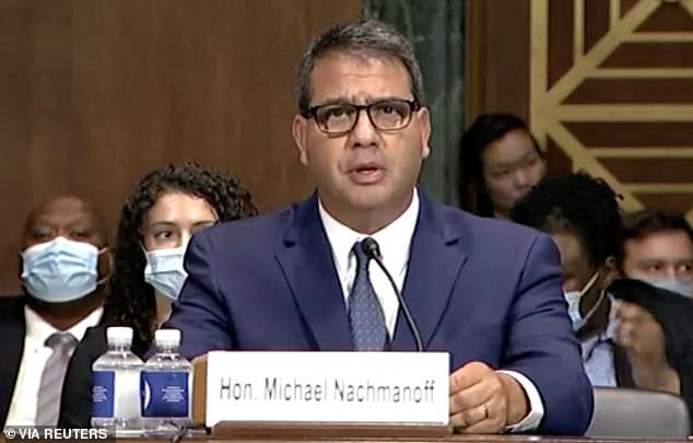 U.S. District Judge Michael Nachmanoff testifies during a Senate Judiciary Committee nomination hearing on Capitol Hill in Washington, D.C., U.S., July 28, 2021 in this frame grab. U.S. Senate/Handout via REUTERS  THIS IMAGE HAS BEEN SUPPLIED BY A THIRD PARTY