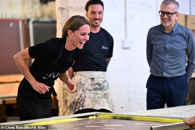 The Princess of Wales showed off her crafty side as she got into making prints while visiting textile factories this afternoon