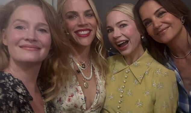 James Van Der Beek's Dawson's Creek co-stars and his family have shared their heartbreak that he was forced to miss the show's reunion this week (James' wife Kimberly pictured with Busy Philipps, Michelle Williams and Katie Holmes