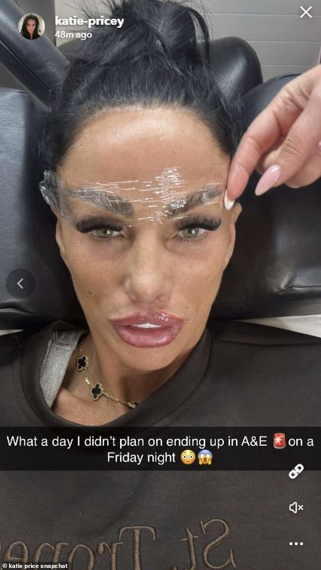 Katie Price has sparked concern amongst her fans after revealing she spent the night in A&E as she took to her Snapchat on Saturday