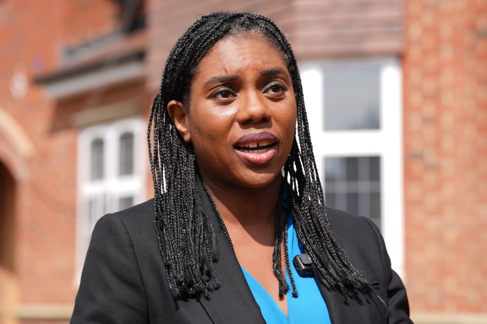 Kemi Badenoch, leader of the Conservative Party, speaking at a housing development.