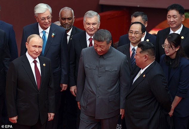 Russian President Vladimir Putin, Chinese President Xi Jinping, North Korean leader Kim Jong Un and heads of foreign delegations seen ahead of the parade