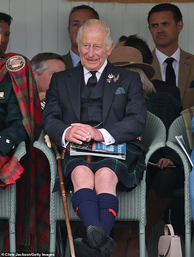 Charles carried out official engagements on 175 days during the past 12 months, compared with 133 the previous year and 161 in the first year of his reign. Pictured: the King in Braemar, Scotland on Saturday