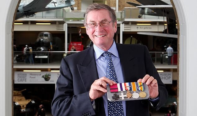 Lord Michael Ashcroft at the Imperial War Museum with medals belonging to Captain Noel Chavasse, one of only three men in the entire history of the VC to be awarded the decoration twice – known as a VC and Bar