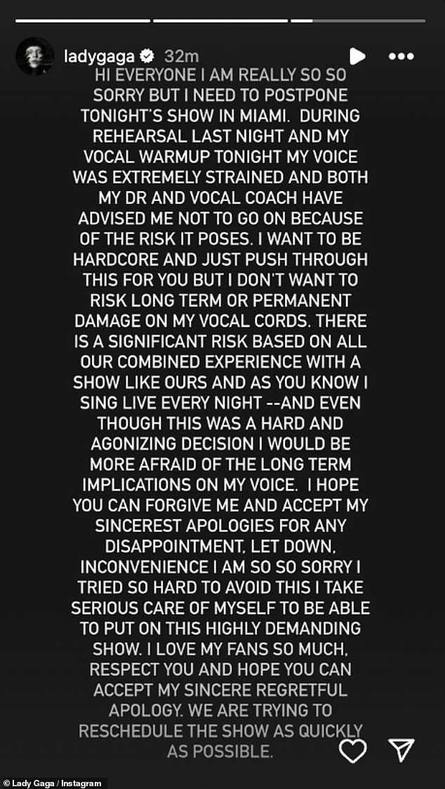 The hitmaker revealed the cancellation was due to her voice being 'strained' adding she wanted to avoid 'permanent damage to my vocal cords', as she pleaded with fans to forgive her