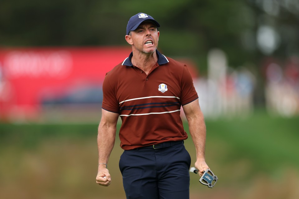 Rory McIlroy of Team Europe reacts on the 14th green.