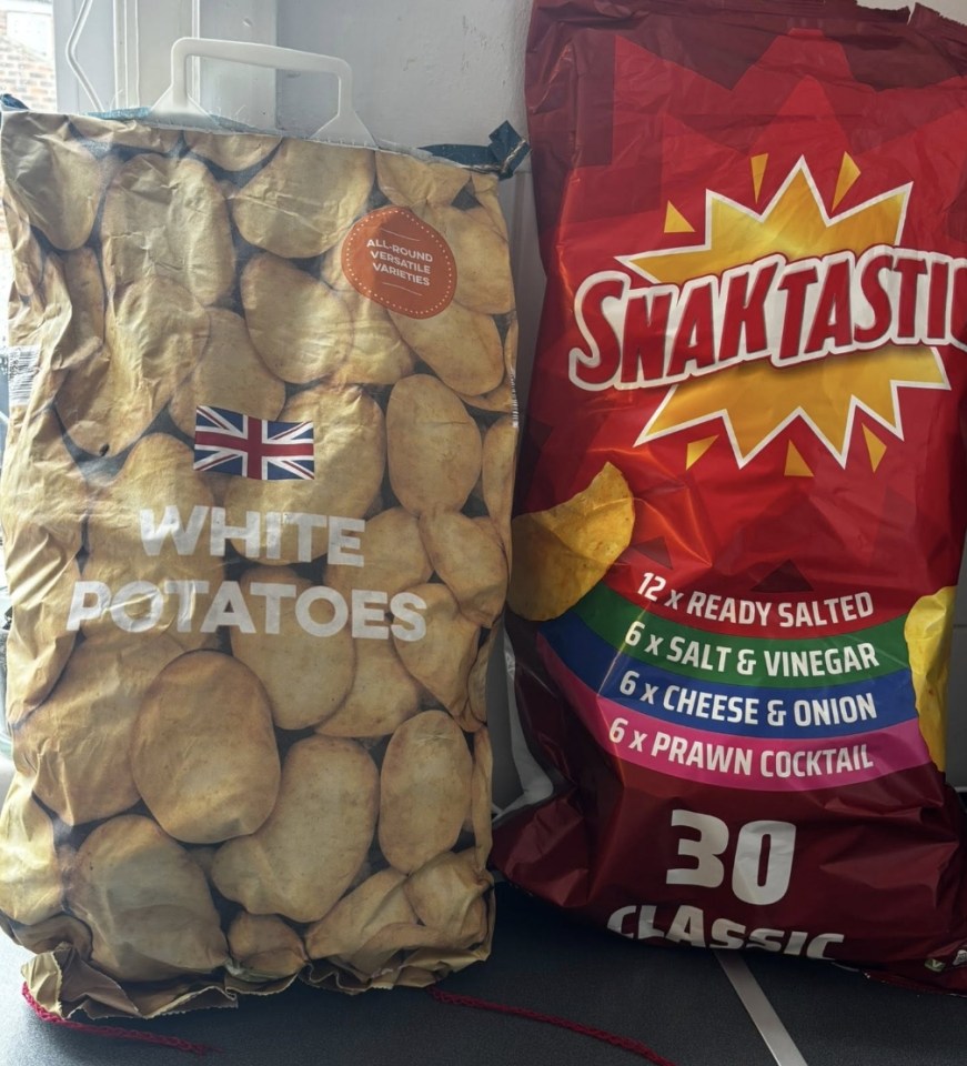 Bag of "White Potatoes" and a bag of "Snaktastic" brand crisps.
