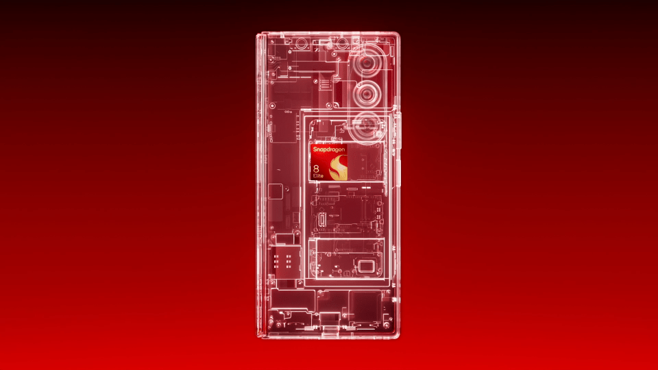 Illustration of a transparent smartphone showing the internal Snapdragon 8 Elite Gen 5 chip.