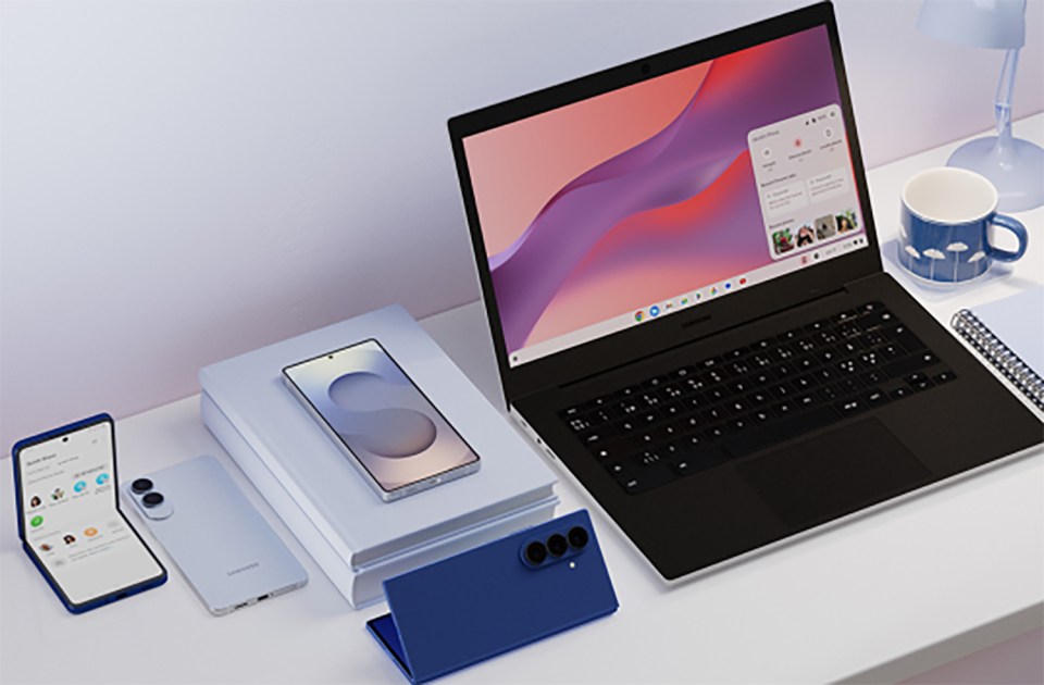 Illustration of Samsung phones and a laptop.