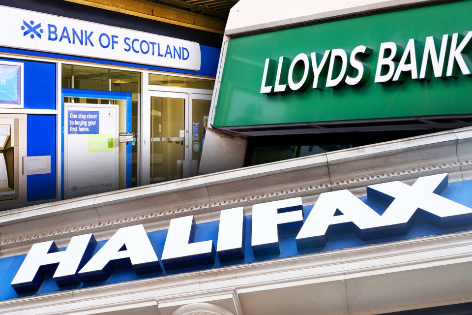 Collage of Bank of Scotland, Lloyds Bank, and Halifax branch signage.
