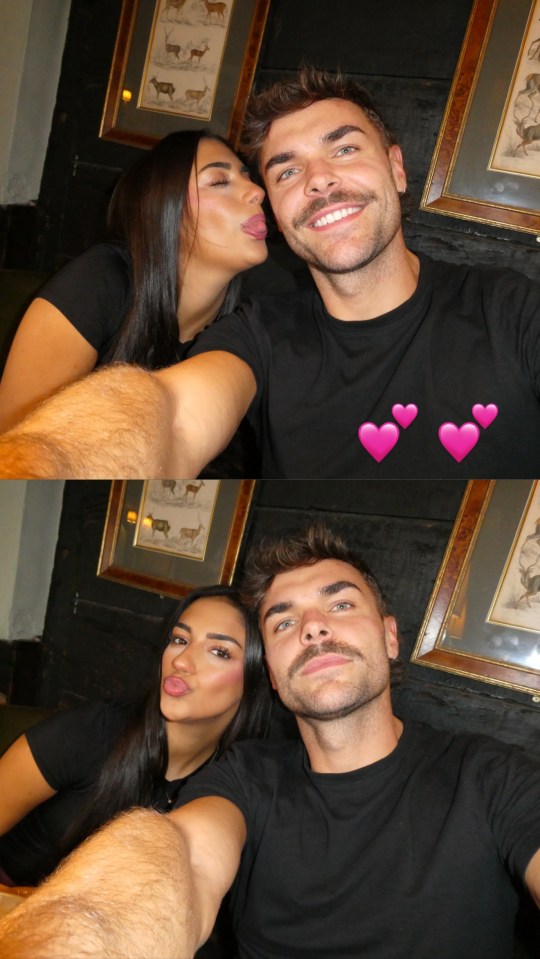 Collage of two selfies of a man and a woman in black shirts, with the top photo showing the woman licking the man's cheek and the bottom showing her pouting.