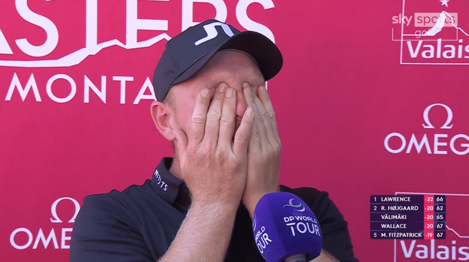Golfer covering his face with his hands during an interview.